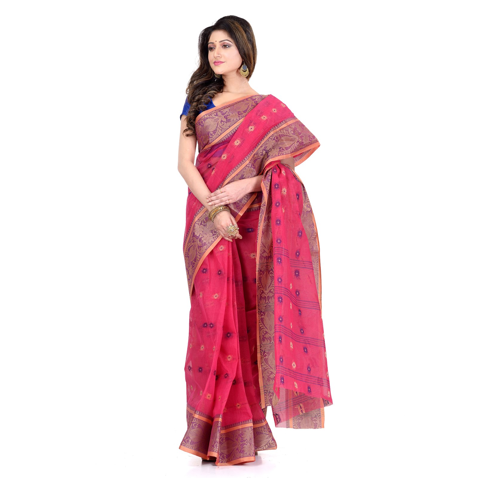 DESH BIDESH Women`s Traditional Bengal Tant Woven Bee Kolka Design Pure Handloom Cotton Saree Without Blouse Piece (Pink